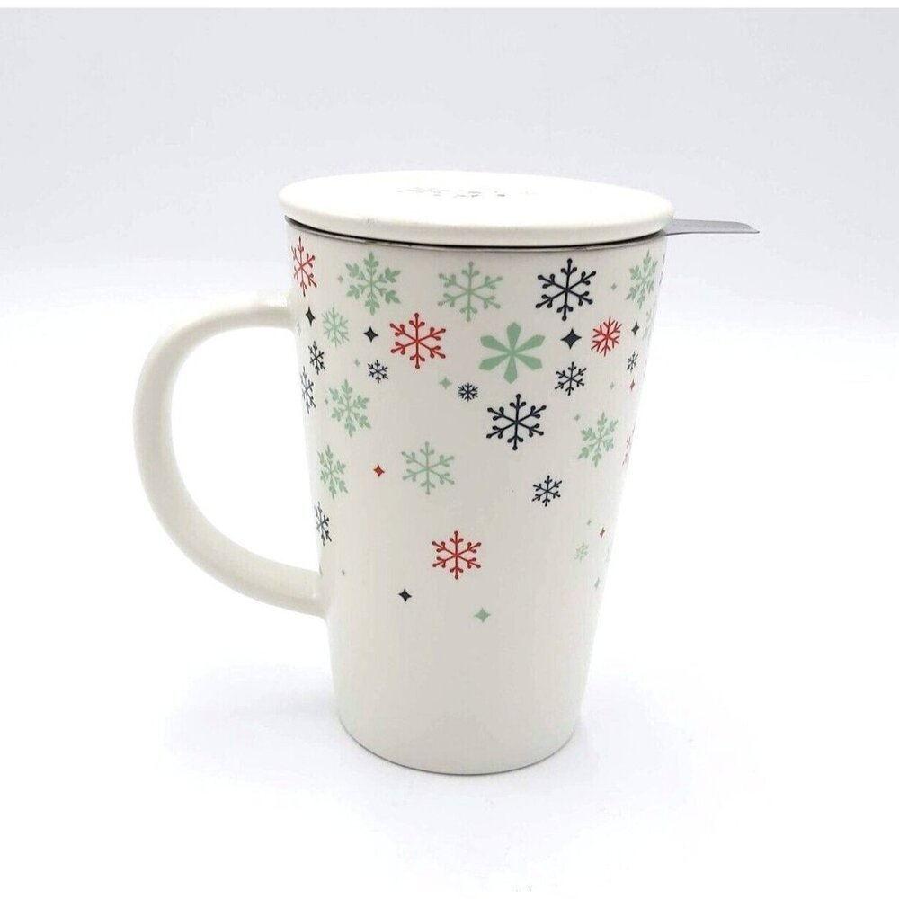 Davids Tea Perfect Mug Snowflakes with Tea Infuser Ceramic Lid Green Inner 12 oz